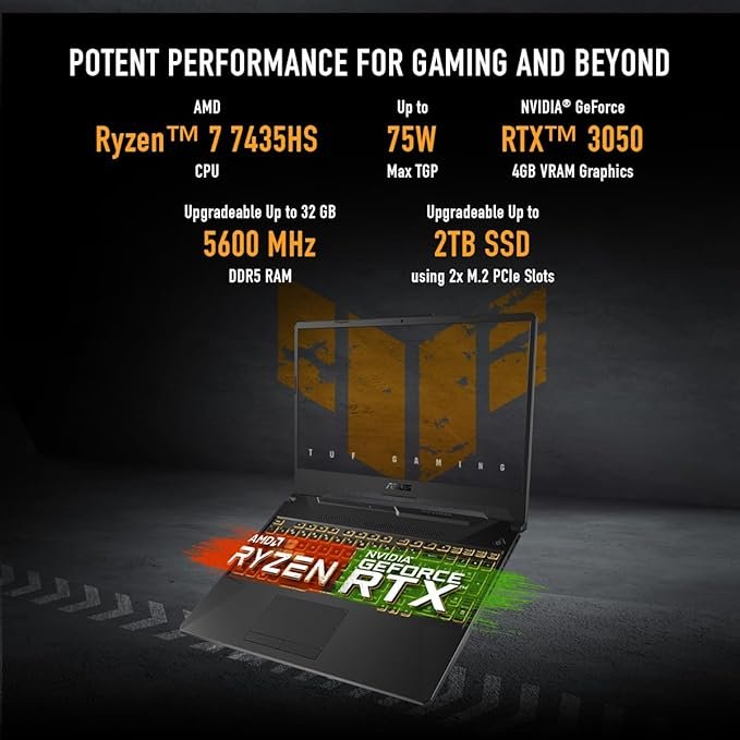 asus tuf gaming a15, amd ryzen 7 7435hs gaming laptop(nvidia rtx 3050 4gb/60w tgp/16gb ram/512gb ssd/fhd/15.6"/144hz/rgb kb/48whr/windows 11//graphite black/2.30 kg) fa506ncr hn054w