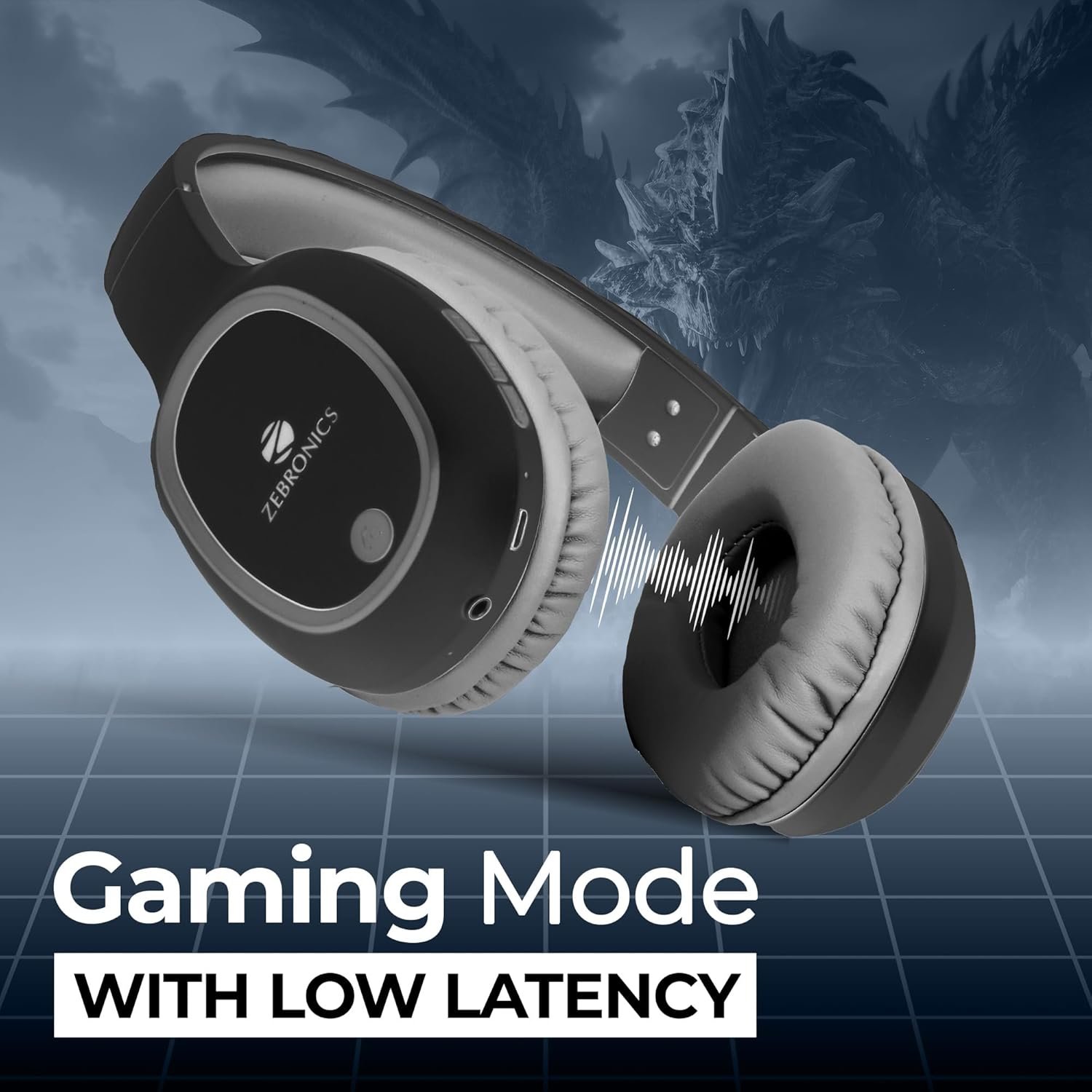 zebronics thunder bluetooth 5.3 wireless headphones with 60h backup, gaming mode, dual pairing, enc, aux, micro sd, voice assistant, comfortable earcups, call function(black)