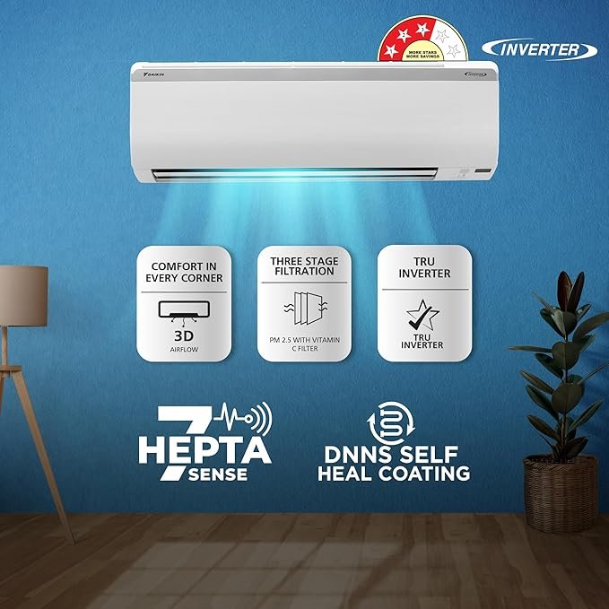 daikin 1.5 ton 3 star inverter split ac (copper, pm 2.5 filter, triple display, dew clean technology, coanda airflow, 2024 model, mtkl50u, white)
